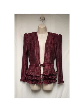 Pierre Labiche VTG 80s Long Sleeve Pleated Chiffon Peplum Ruffle Hem Blouse 8